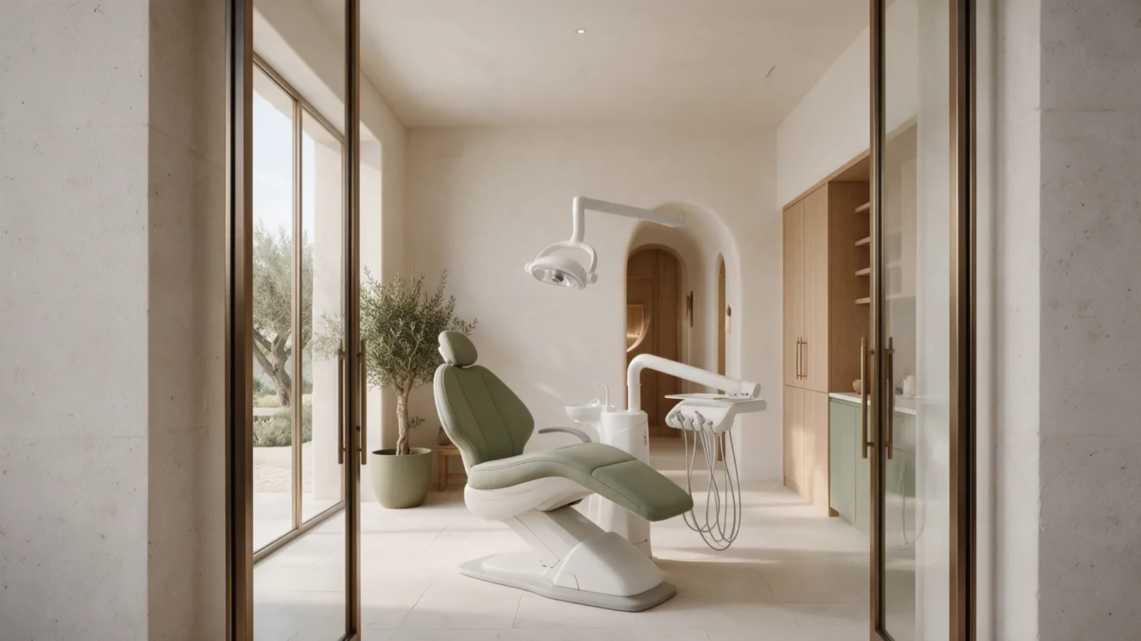 Te acercas al sillón dental verde salvia, junto a un ventanal.
